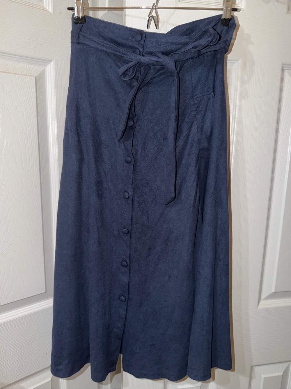 Vintage Navy Blue Suede Women's A-Line Midi Skirt with front buttons and Belt